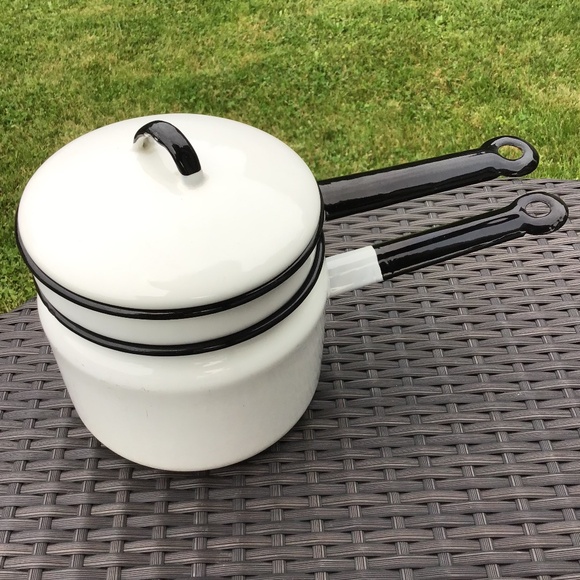 Vintage Double Boiler Enamelware White Black 3 Piece Set Pots & Lid - Picture 13 of 13